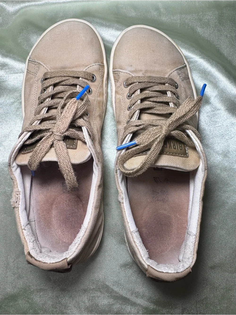 Birkenstock Vintage Canvas Lace Up Sneakers Tan Cream Blue Logo Tread EU 37 US 6